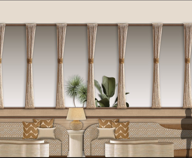 a room with a large mirror and a table