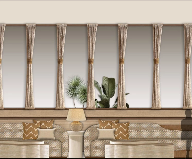a room with a large mirror and a table