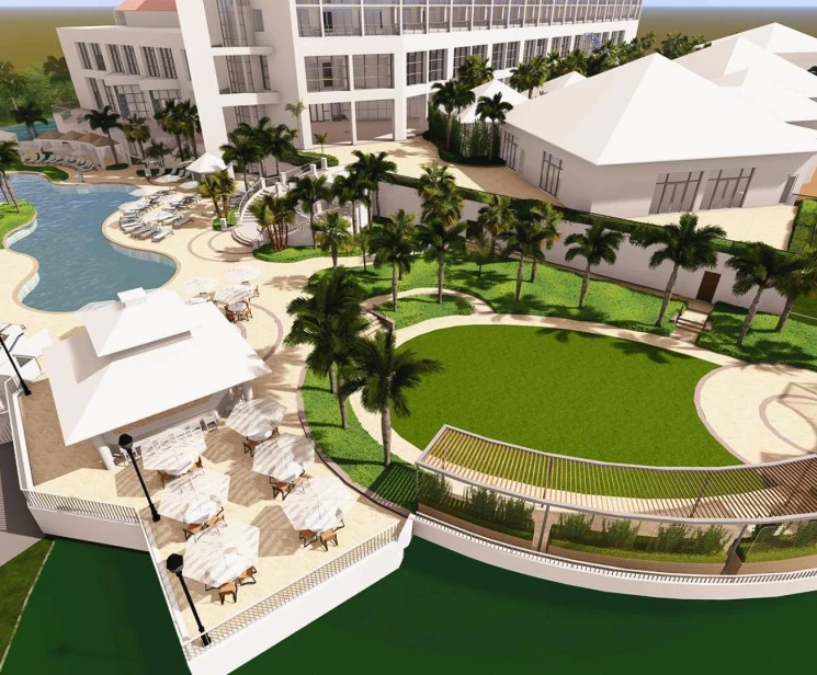a pool and a building with a pool and a building with a pool
