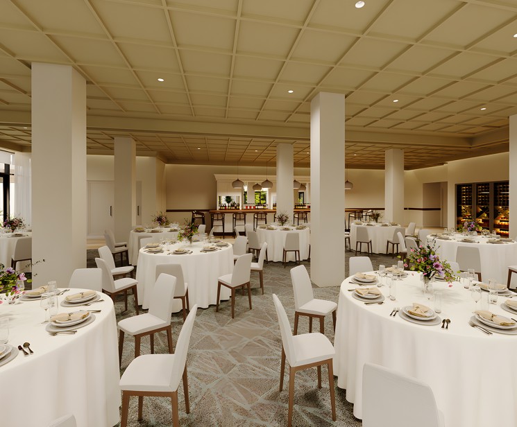 a large room with tables and chairs
