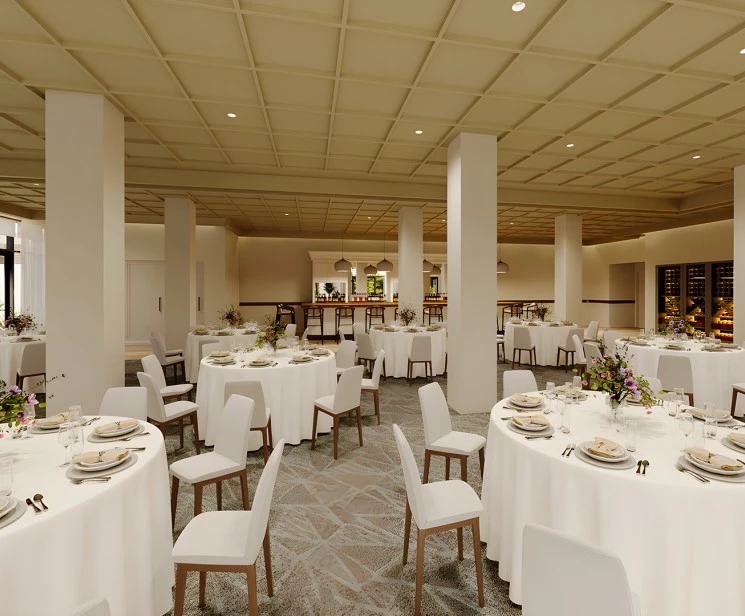 a large room with tables and chairs