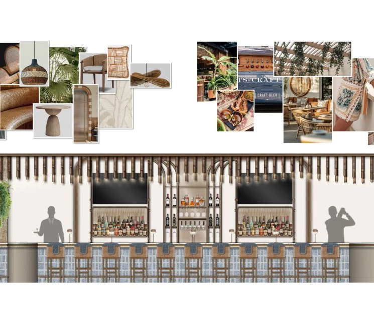 a collage of images of a bar