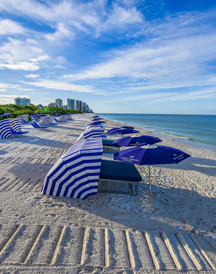a beach with umbrellas and chairs