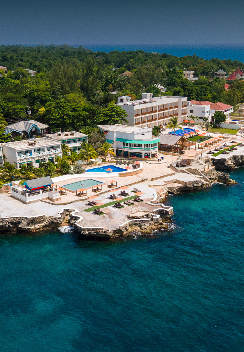 Aerial view of the property surrounded by palm trees 