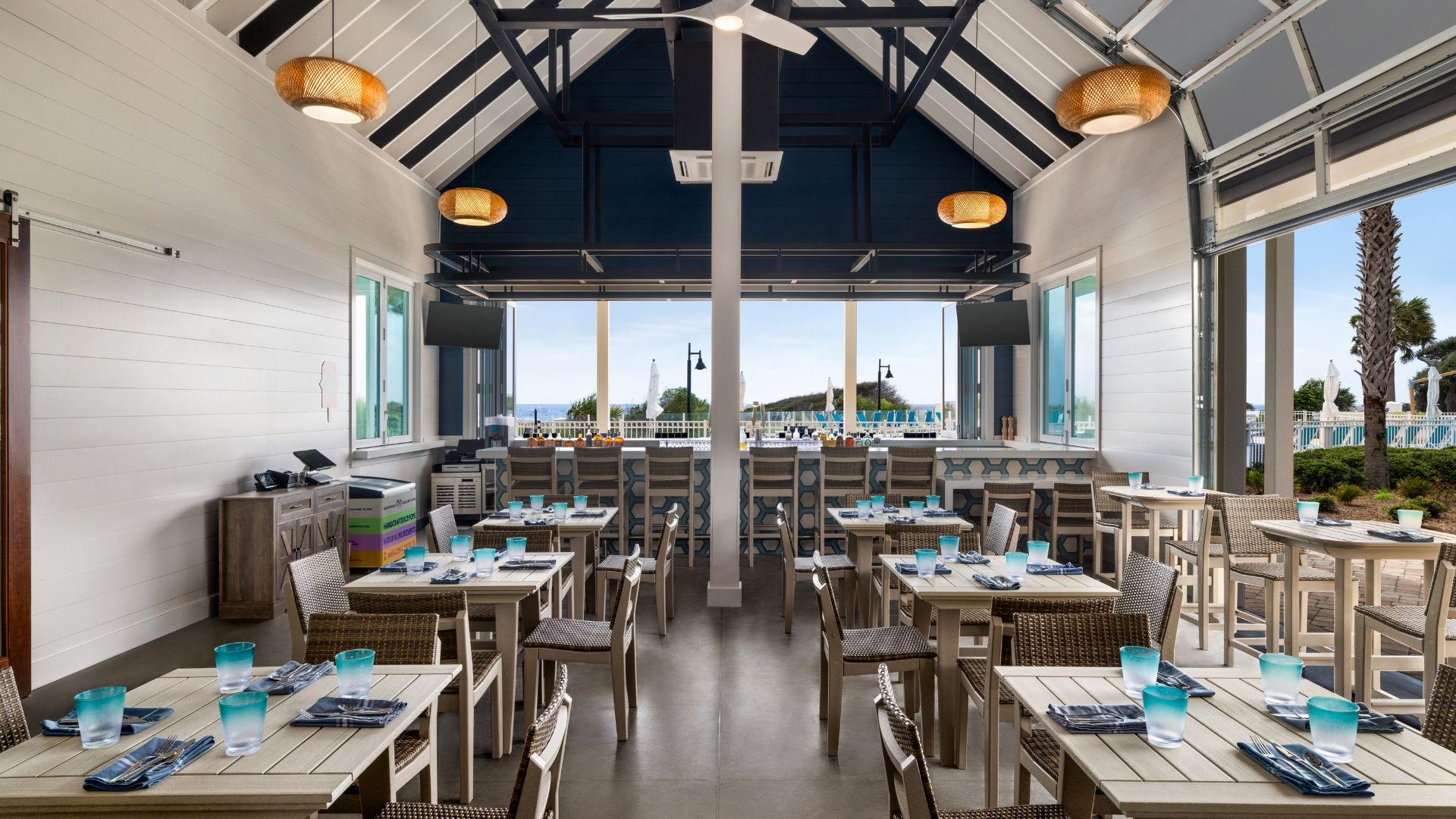 a room with tables and chairs