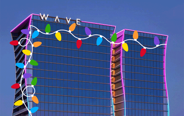 a building with a string of lights