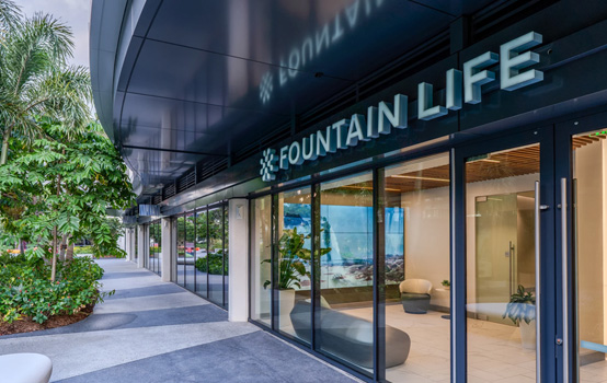 a building with glass doors