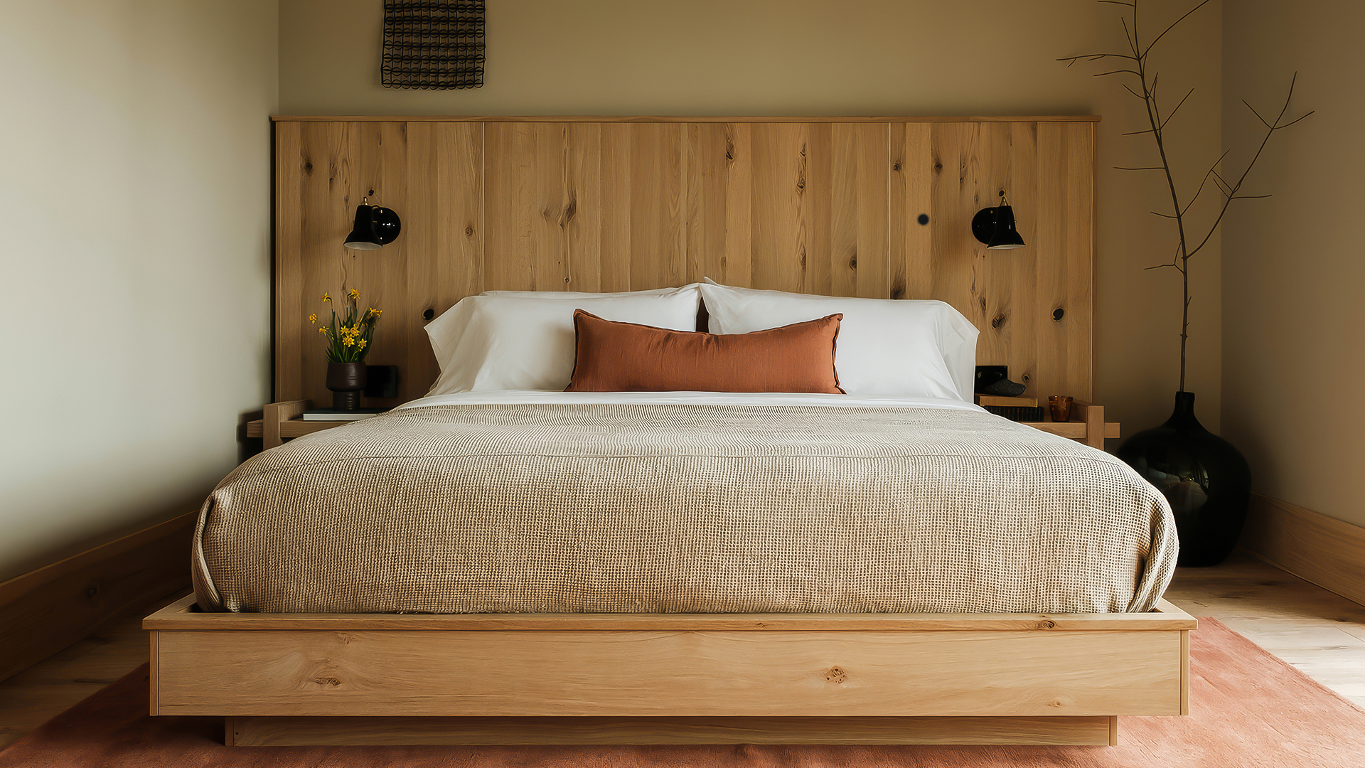 a bed with a wood headboard and a lamp