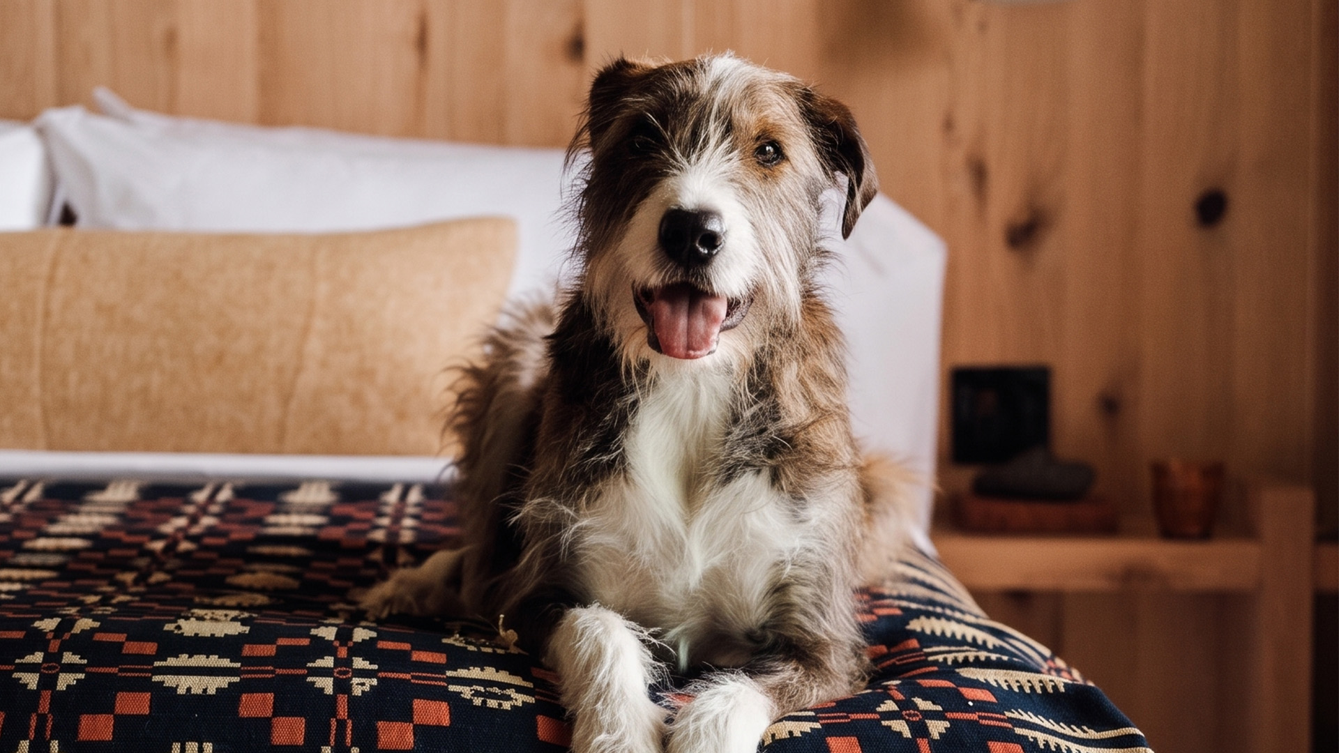 a dog sitting on a bed