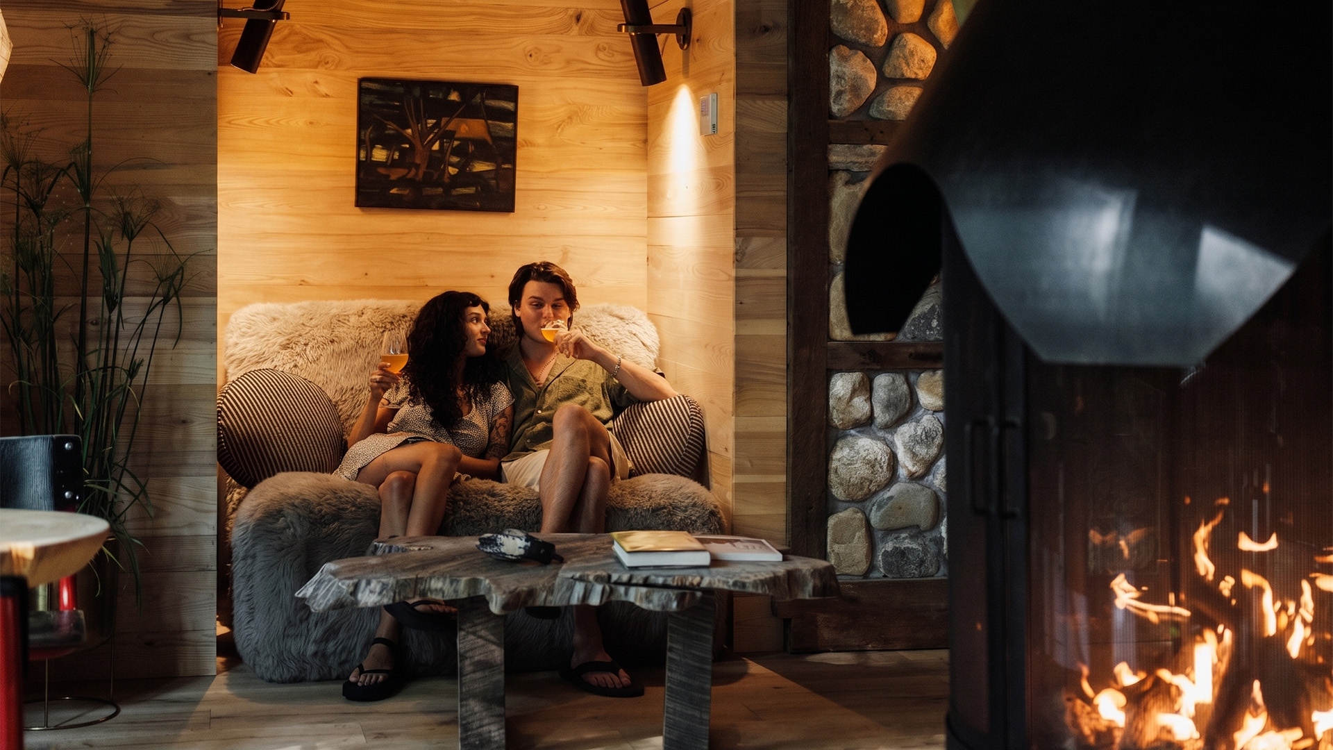 a man and woman sitting on a couch