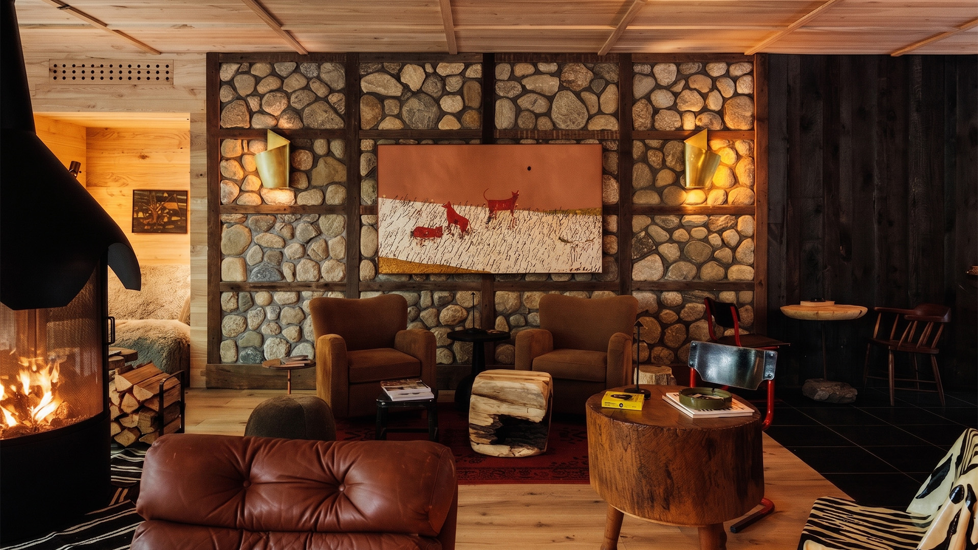 a room with a stone wall and a painting