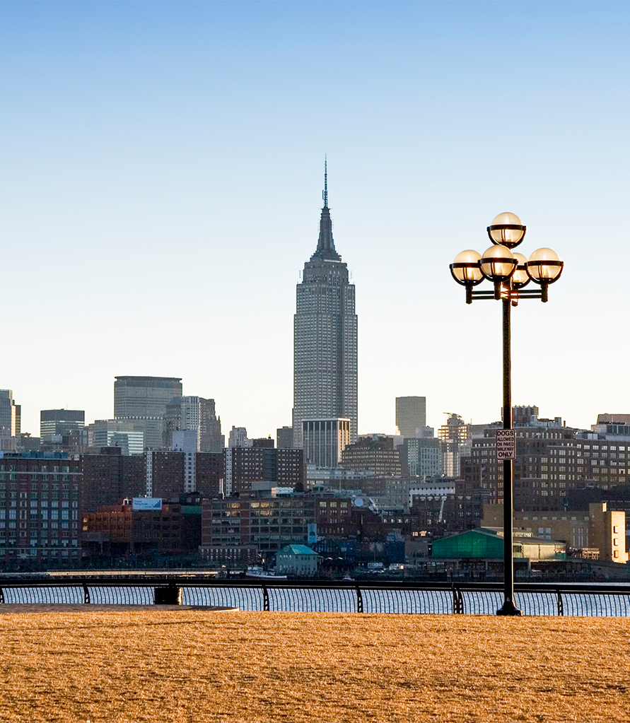 a city skyline with a lamp post