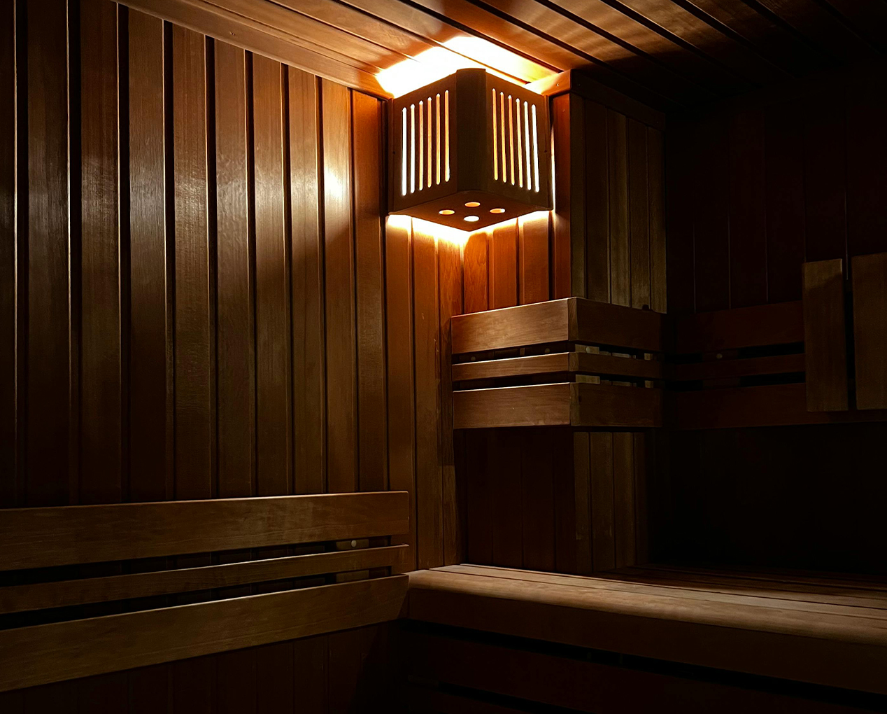 a light in a wooden sauna