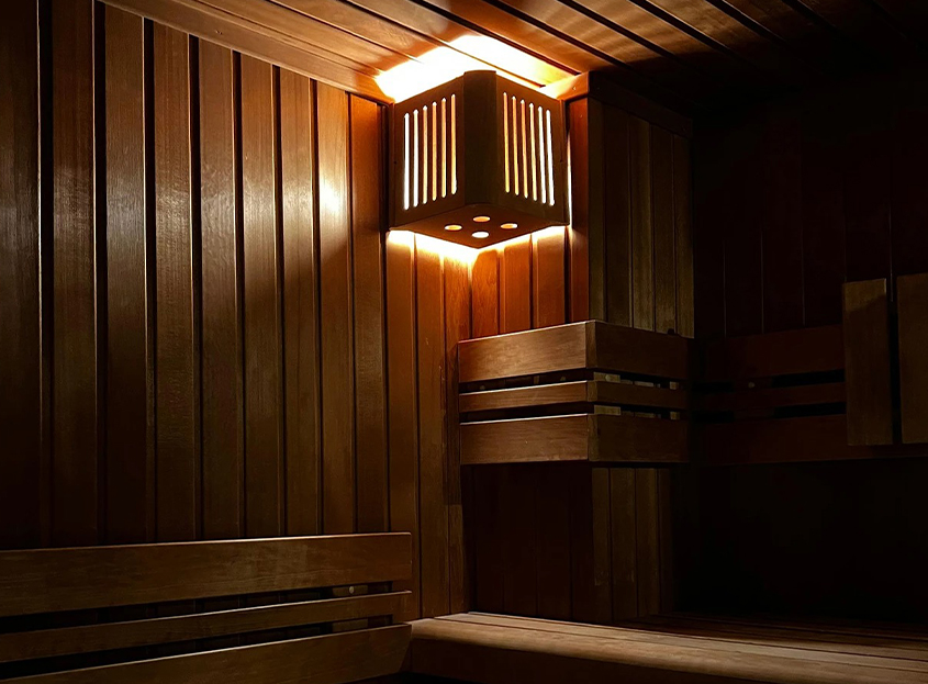a light in a wooden sauna
