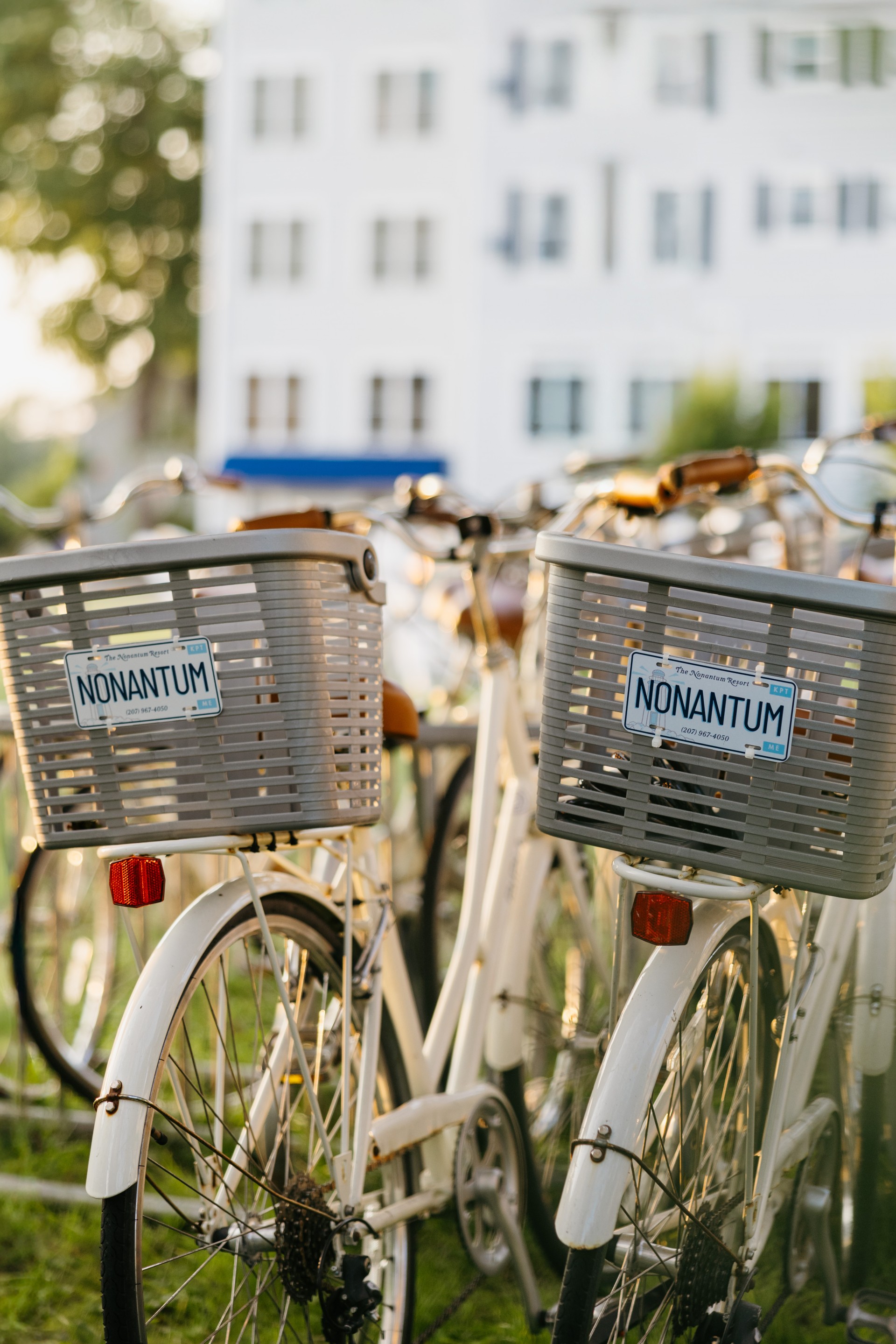 a group of bicycles with baskets