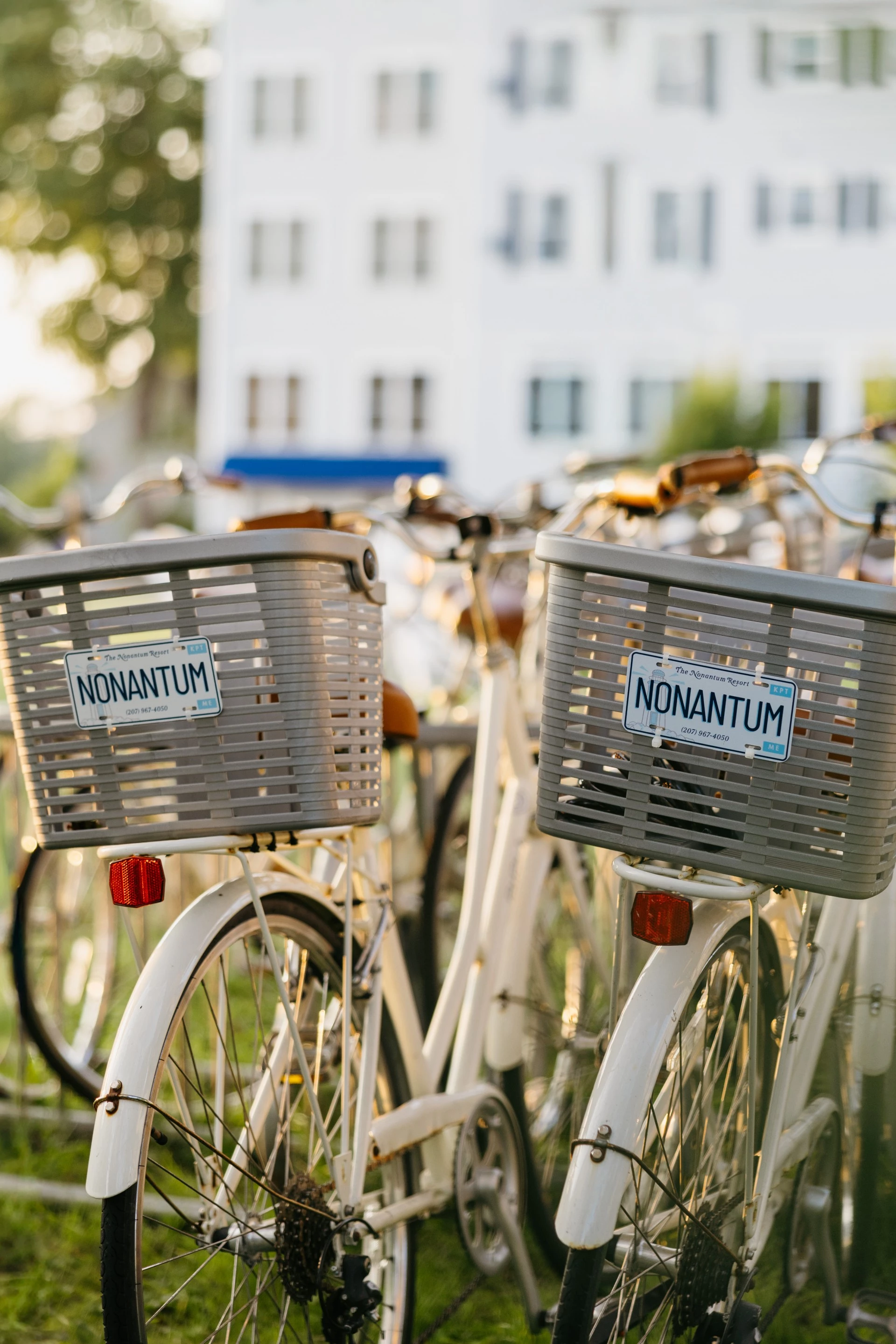 a group of bicycles with baskets