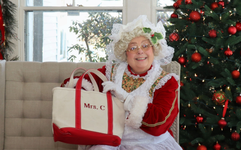 a woman in a garment holding a bag