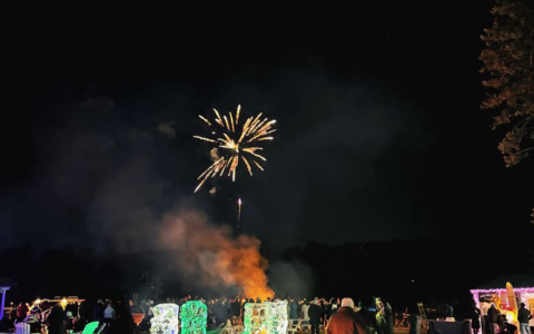 a group of people sitting around a fire pit and fireworks in the sky
