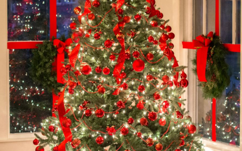 a christmas tree with presents in a room with windows