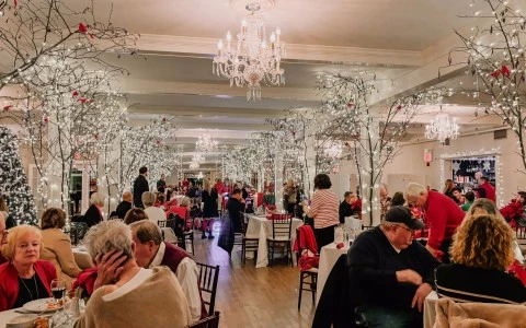 a group of people sitting at tables in a room with white lights