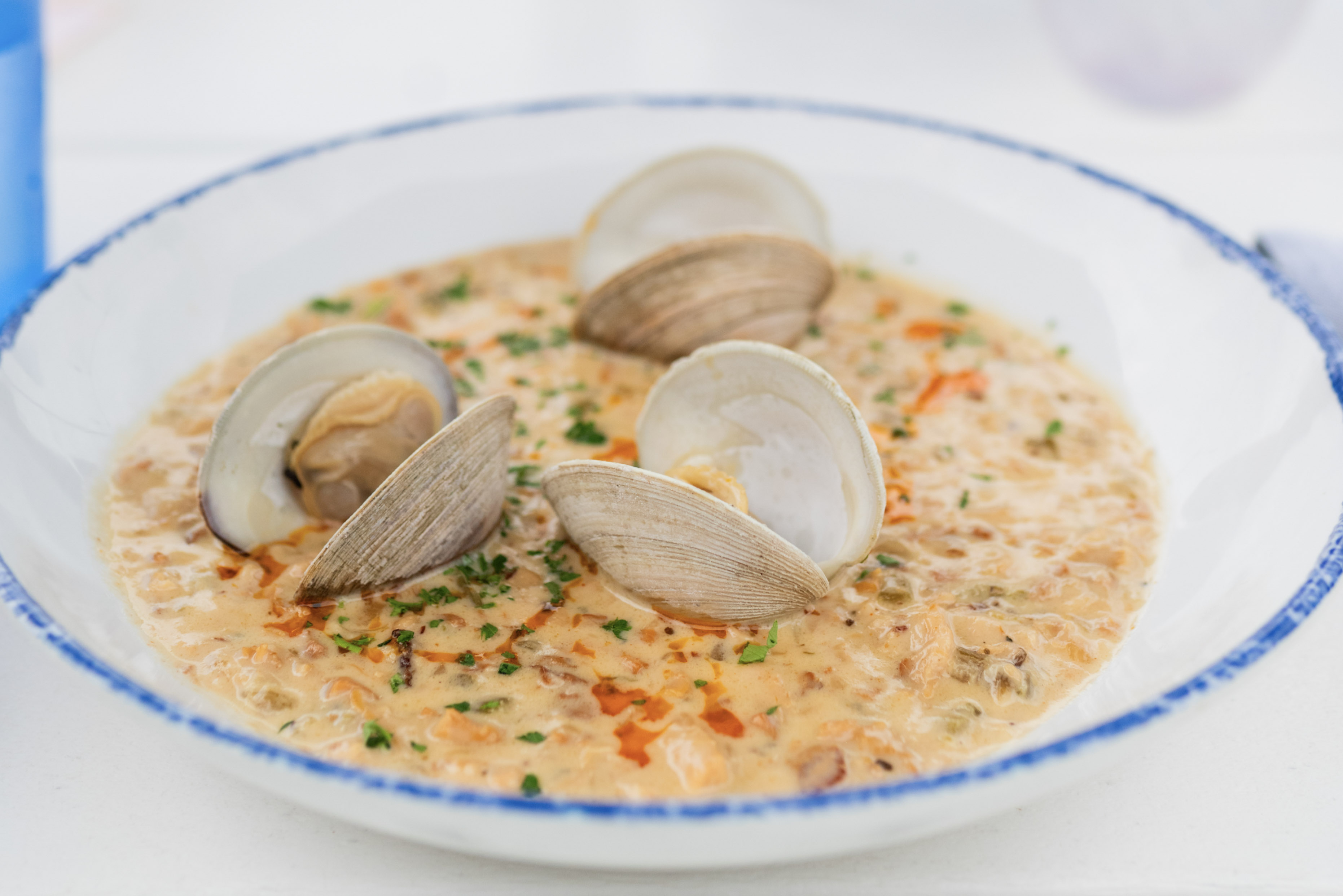 a bowl of soup with clams