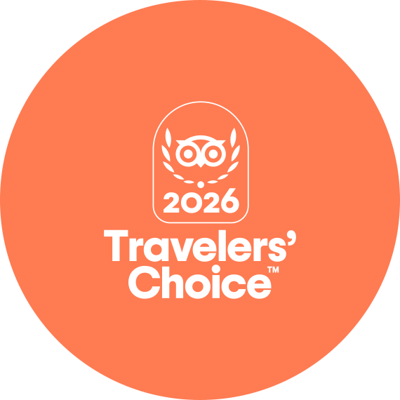 an orange circle with white text and a logo