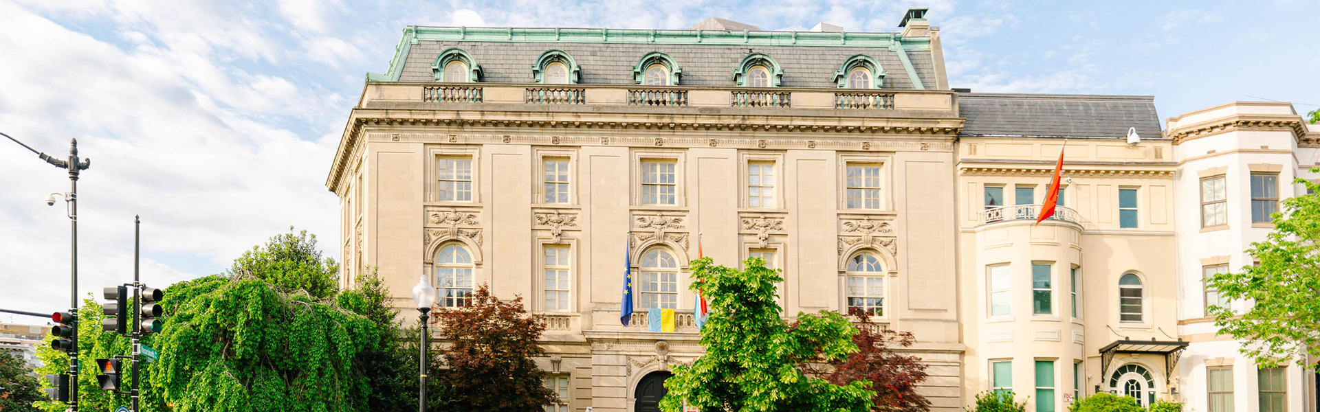 a building with many flags