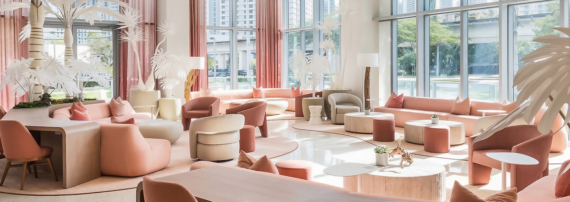 a room with a large window and chairs