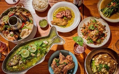 A variety of dishes on a wooden table