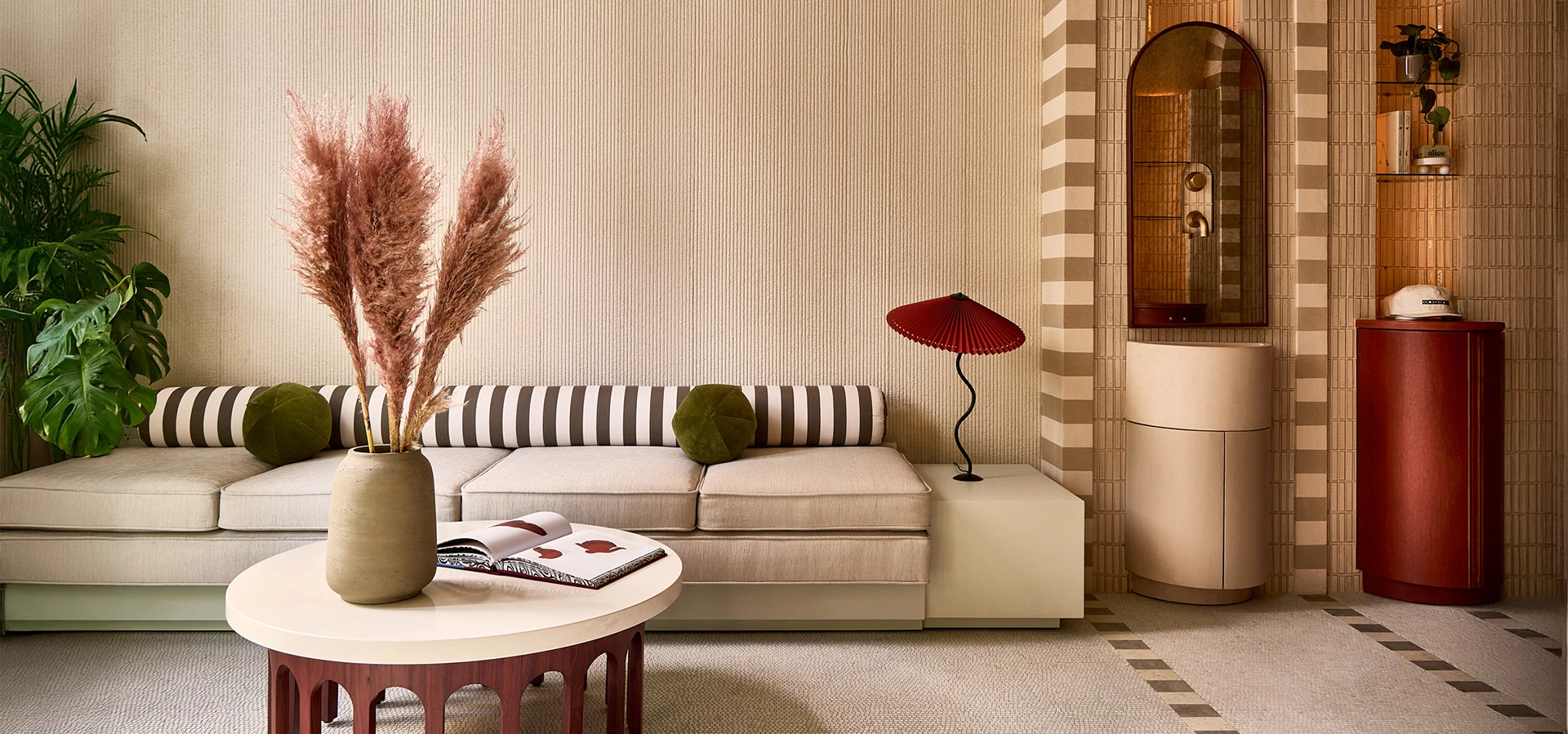 a living room with a couch and a table