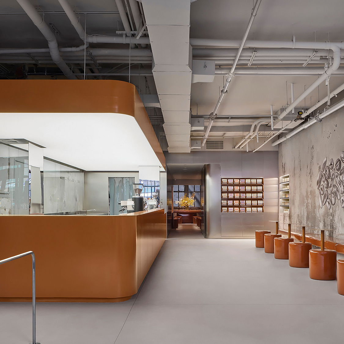 a room with a counter and a wall