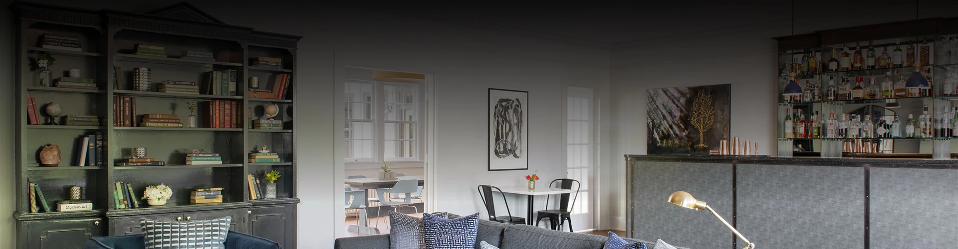 a room with shelves and a table