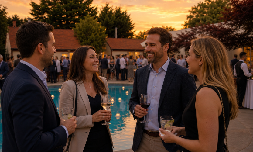 a group of people holding drinks by a pool