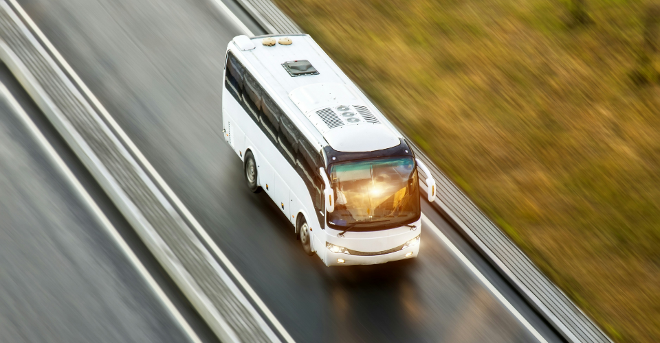 a white bus on a road