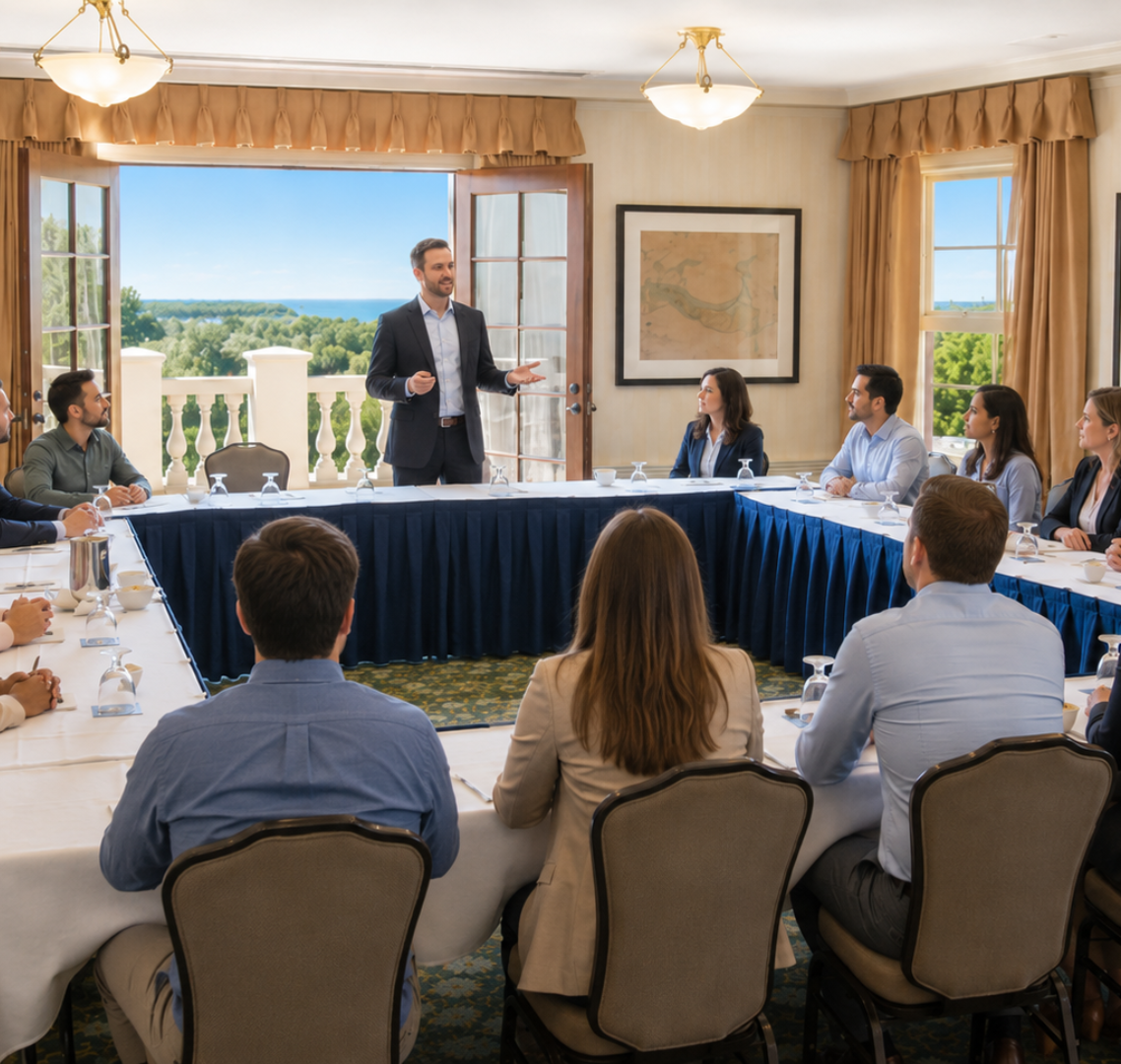 a man standing in front of a group of people sitting around a table