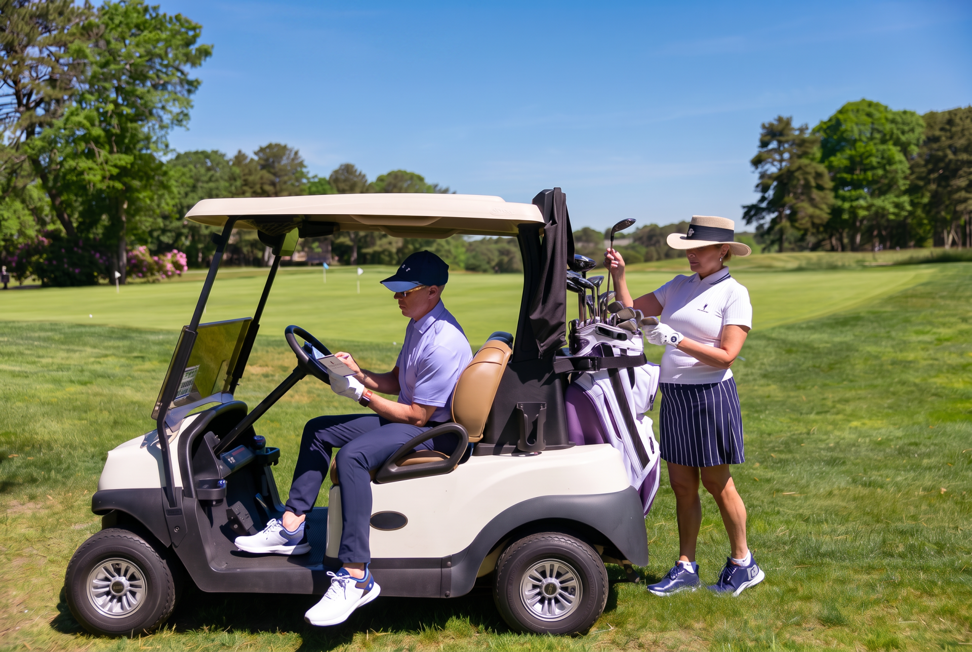 a man and woman in golf cart at Ocean Edge Golf Club
