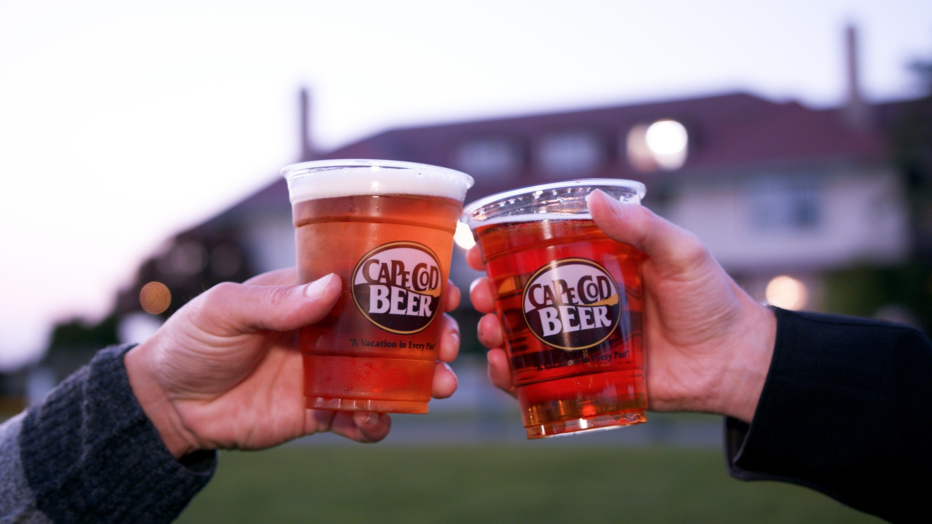 a pair of hands holding plastic cups of beer