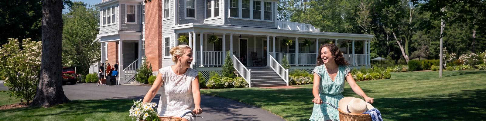 a woman riding a bicycle in front of a house