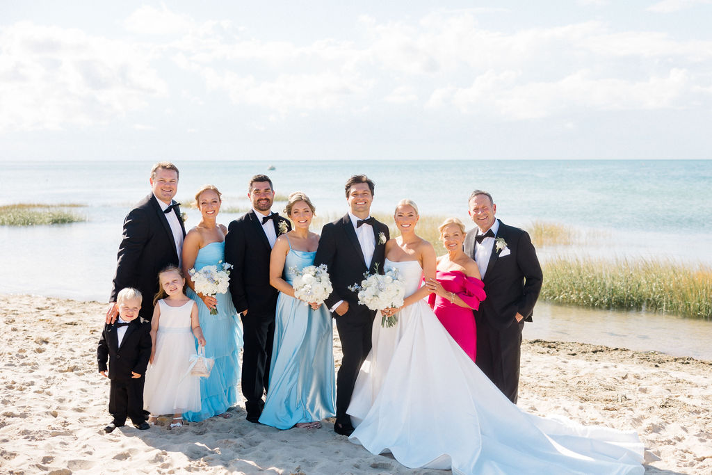 a group of people posing for a photo on a beach