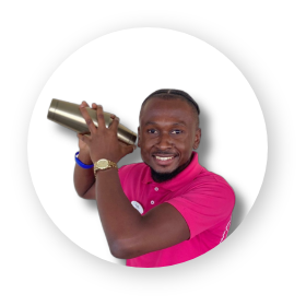 a man holding a metal shaker