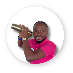 a man holding a metal shaker