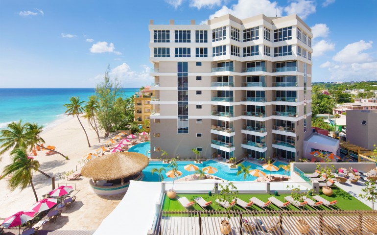 back exterior of o2 beach club and spa, next to the beach