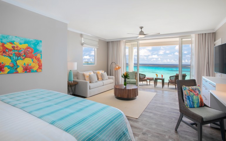 ocean view from room with painting on wall and living area
