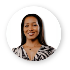 a woman smiling in a white circle