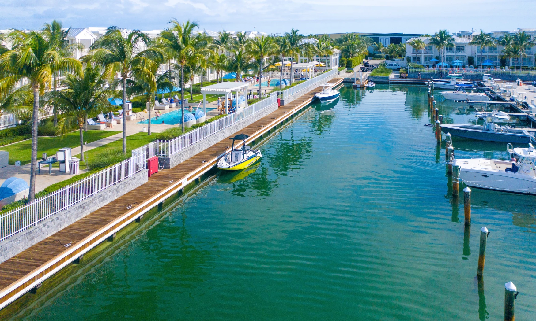 a body of water with boats and palm trees