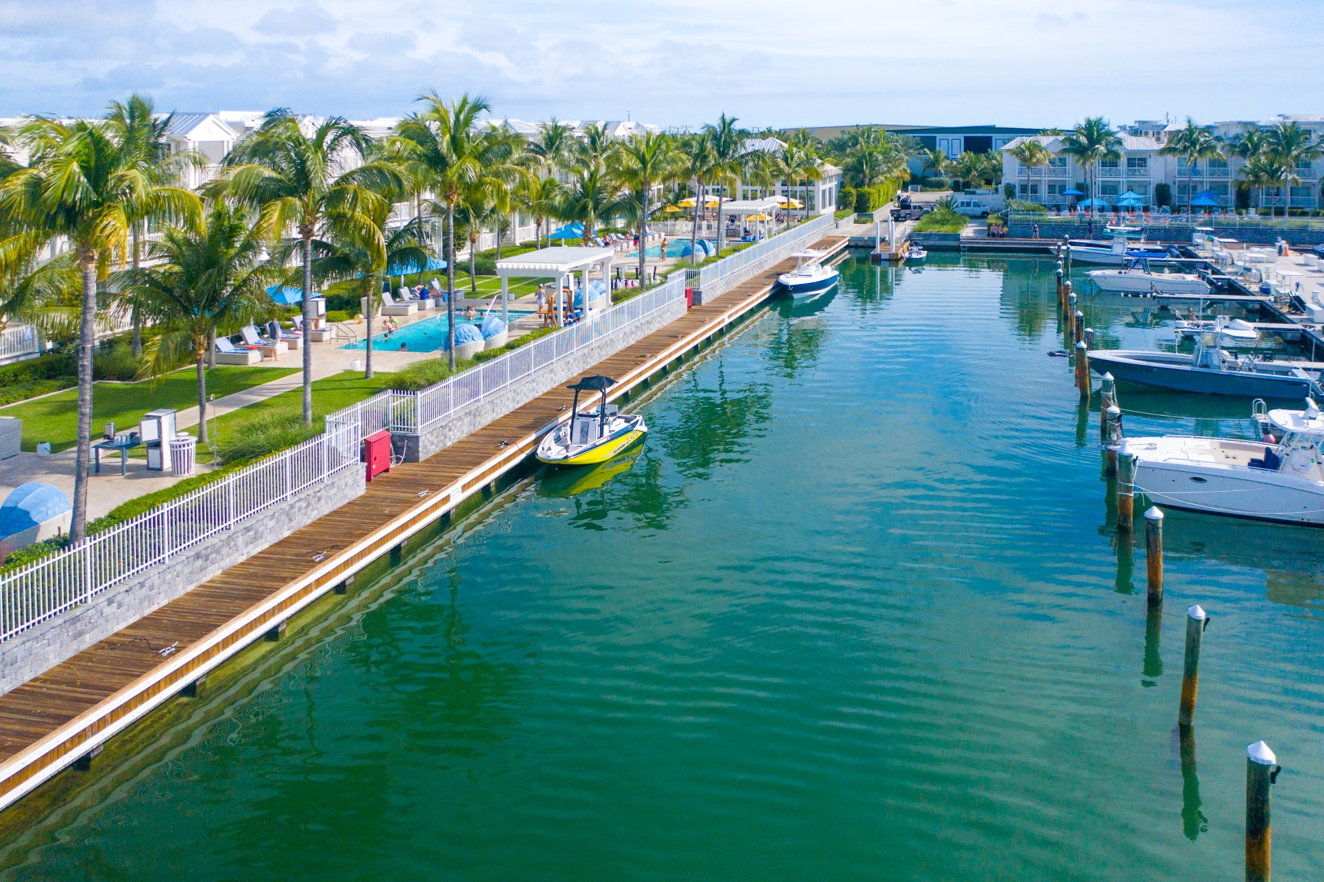 a body of water with boats and palm trees