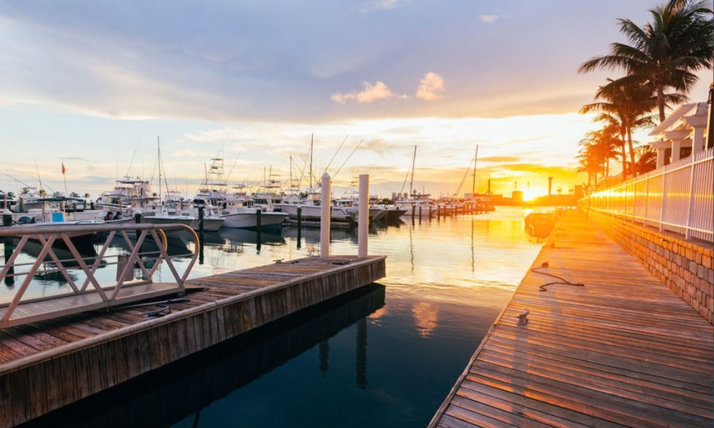 a dock with boats in the water