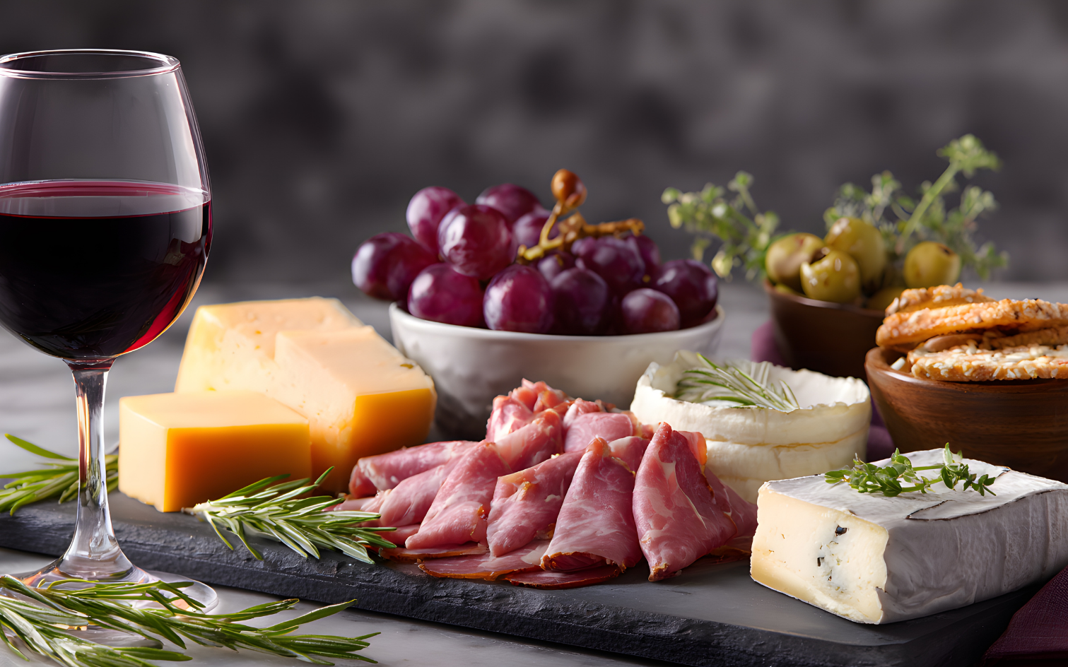 a plate of food and wine