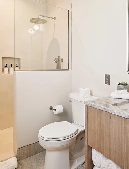 a bathroom with a shower and toilet