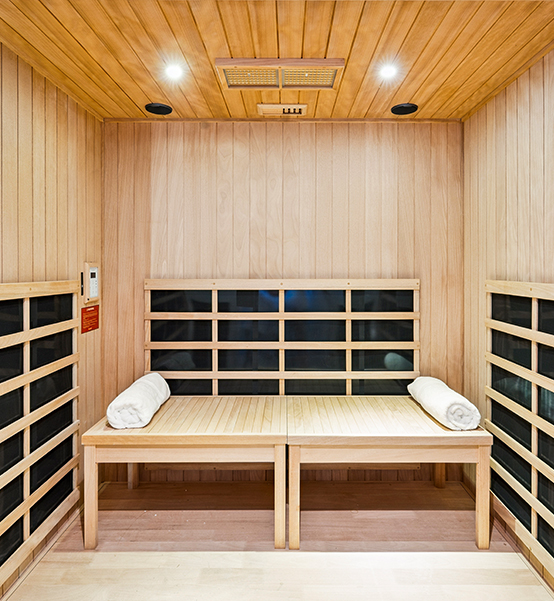 a wooden bench in a sauna